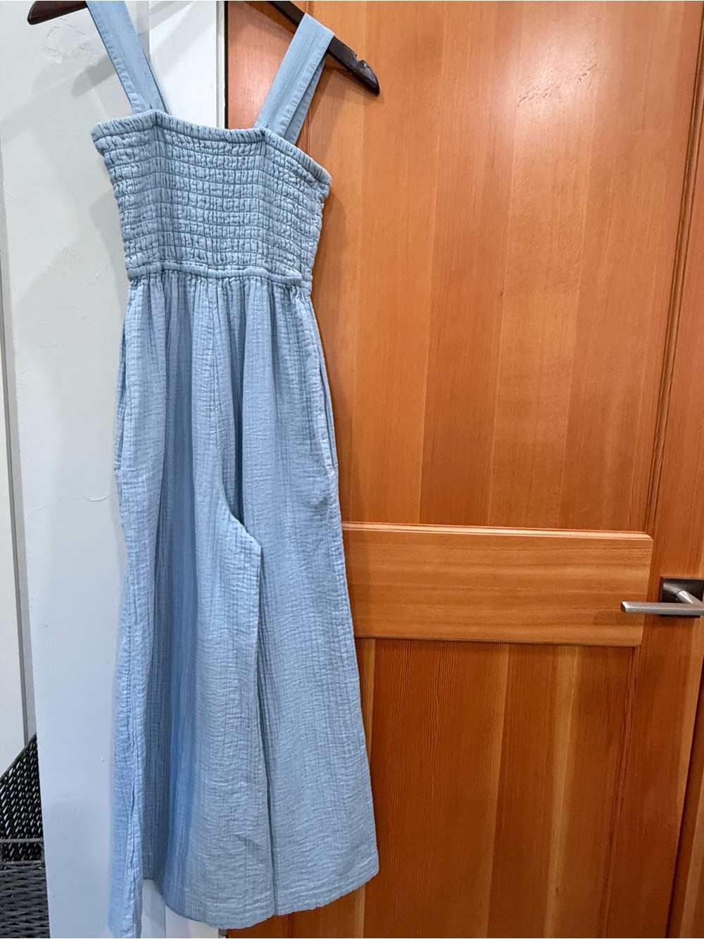 Quince Light Blue Smocked Wide-Leg Jumpsuit
